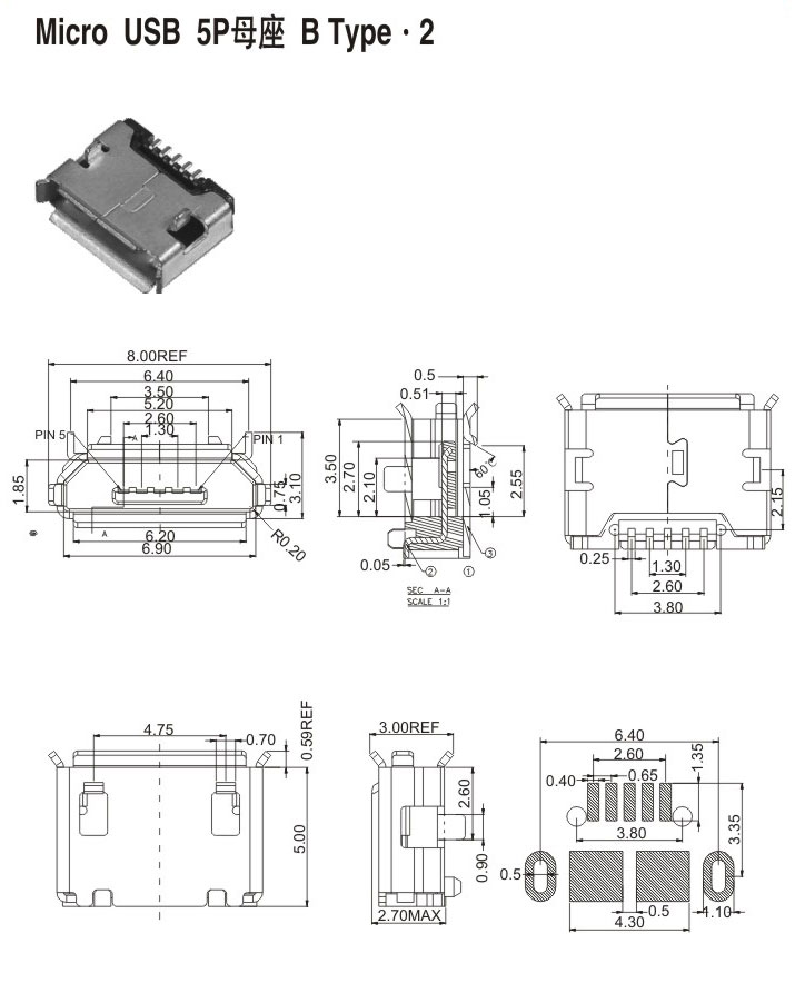 Micro USB 5P母座 BType .2
