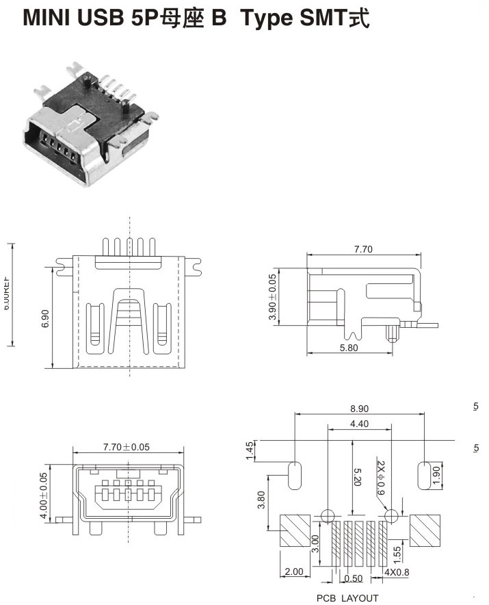 MINI USB 5P母座B Type SMT式